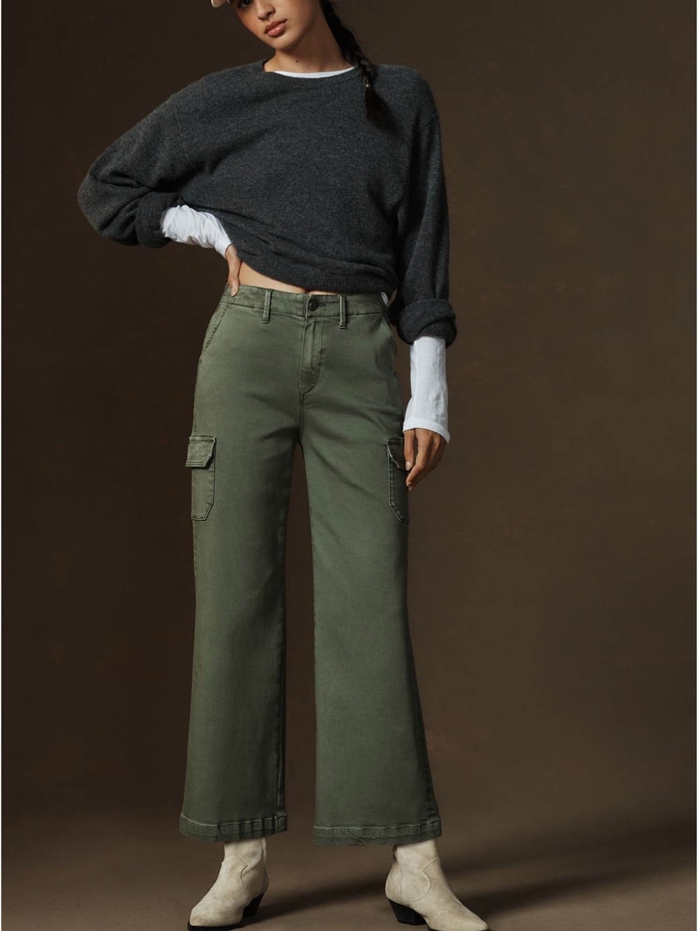 ANTHROPOLOGIE‎ PAIGE Carly Cargo Pants in Vintage Ivy Green Wide Leg Denim